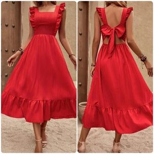 Red Ruffle Square Neck Sleeveless Midi Dress